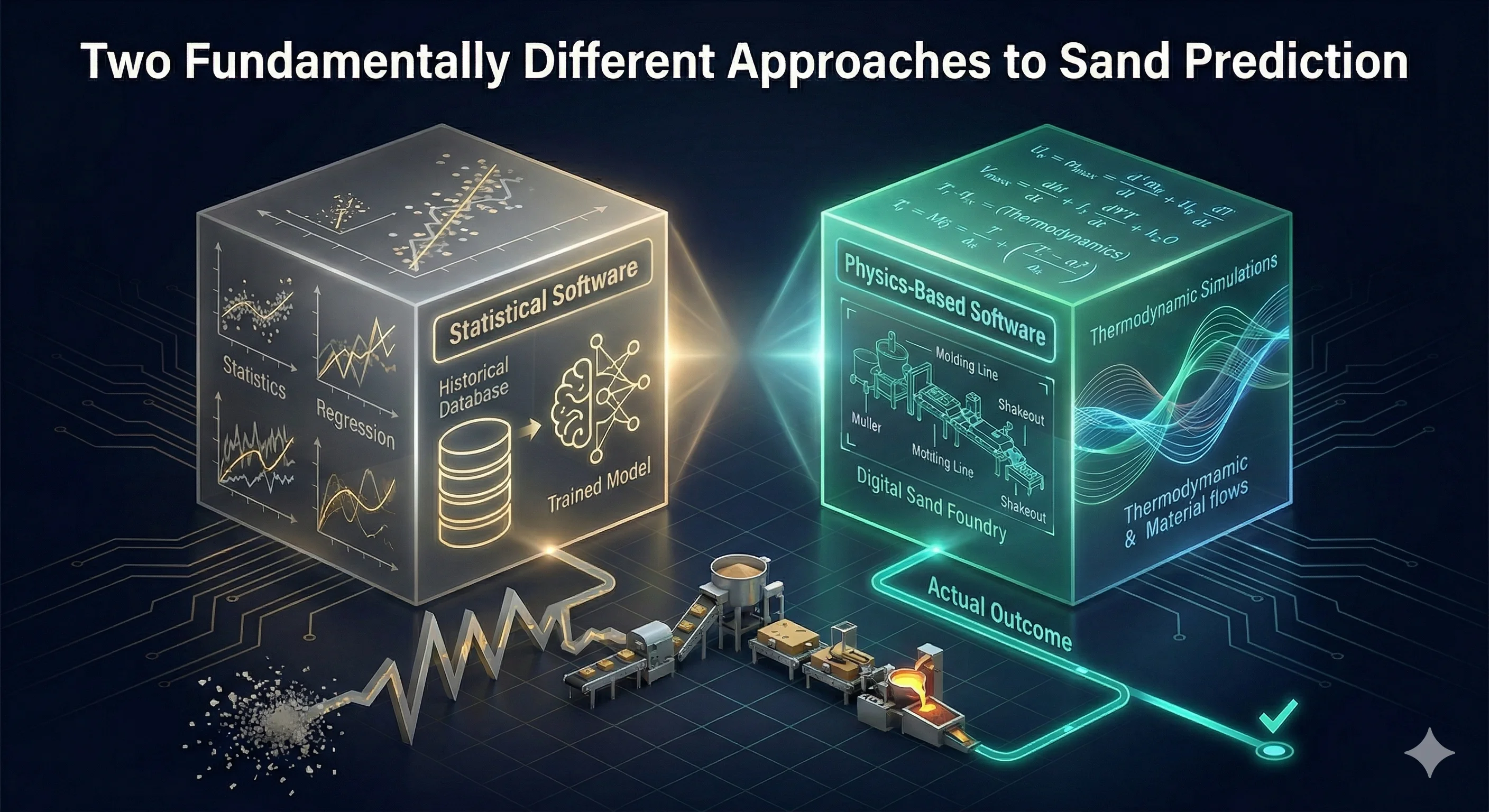 Two 3D cubes comparing statistical software and physics-based software approaches to sand prediction