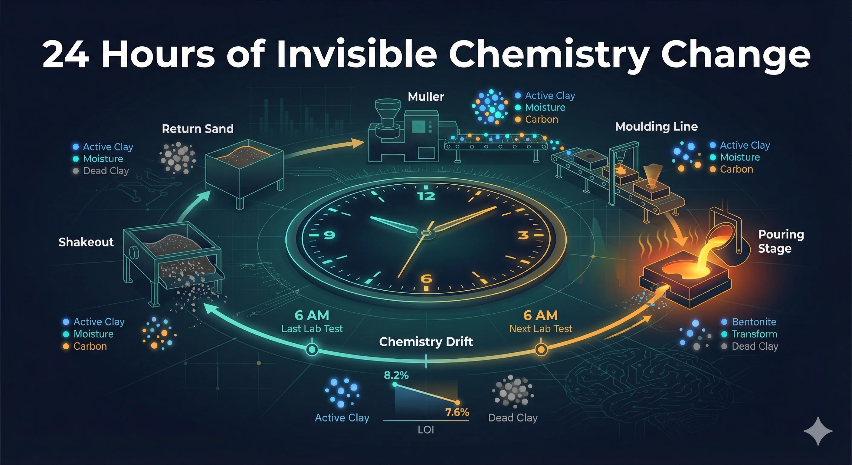 24-hour cycle diagram showing how green sand chemistry drifts between lab tests in a foundry sand system