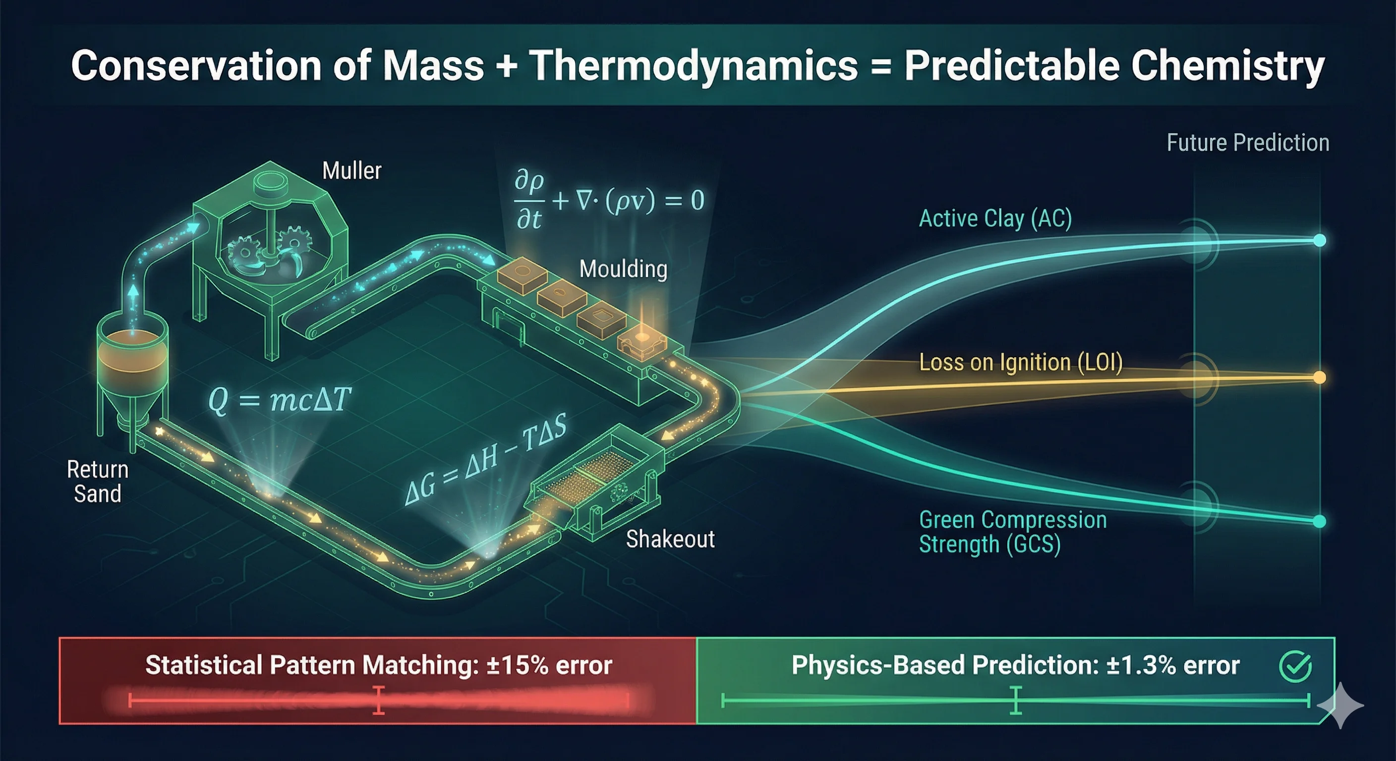 Physics equations and conservation of mass overlaid on a green sand foundry system showing prediction trajectories