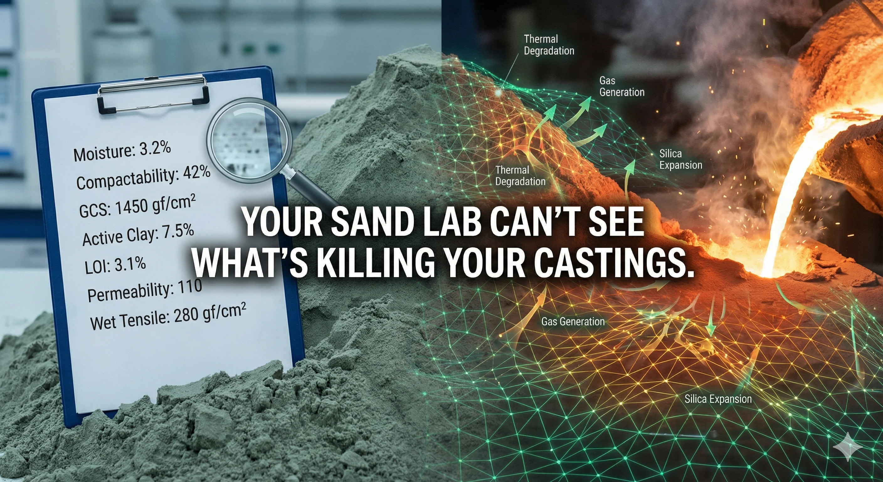 Split view: sand lab clipboard showing seven parameters at 25°C versus molten metal pour at 1,300°C with thermal degradation, gas generation, and silica expansion physics