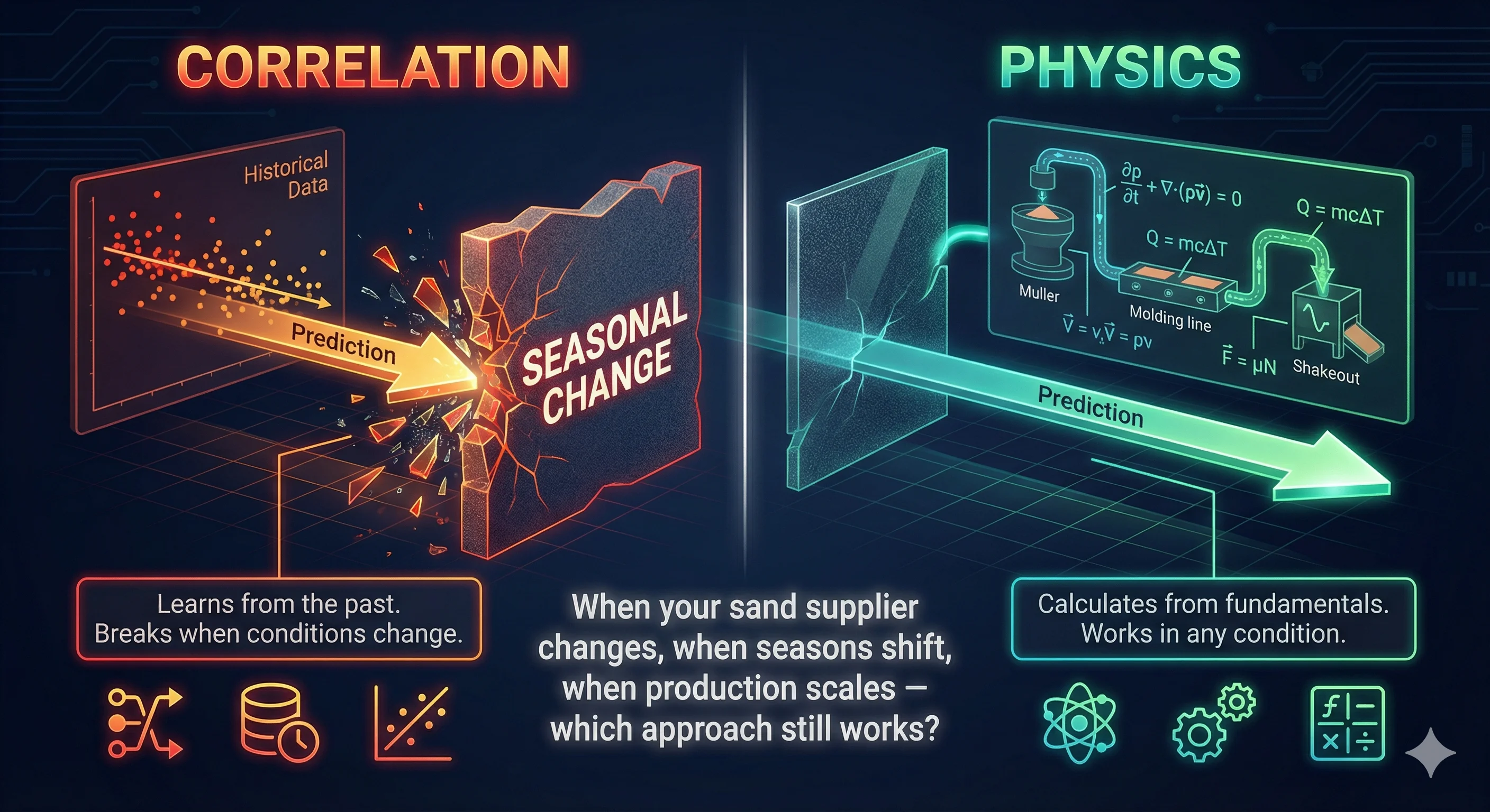 Split comparison of correlation-based approach breaking at seasonal change versus physics-based approach adapting smoothly