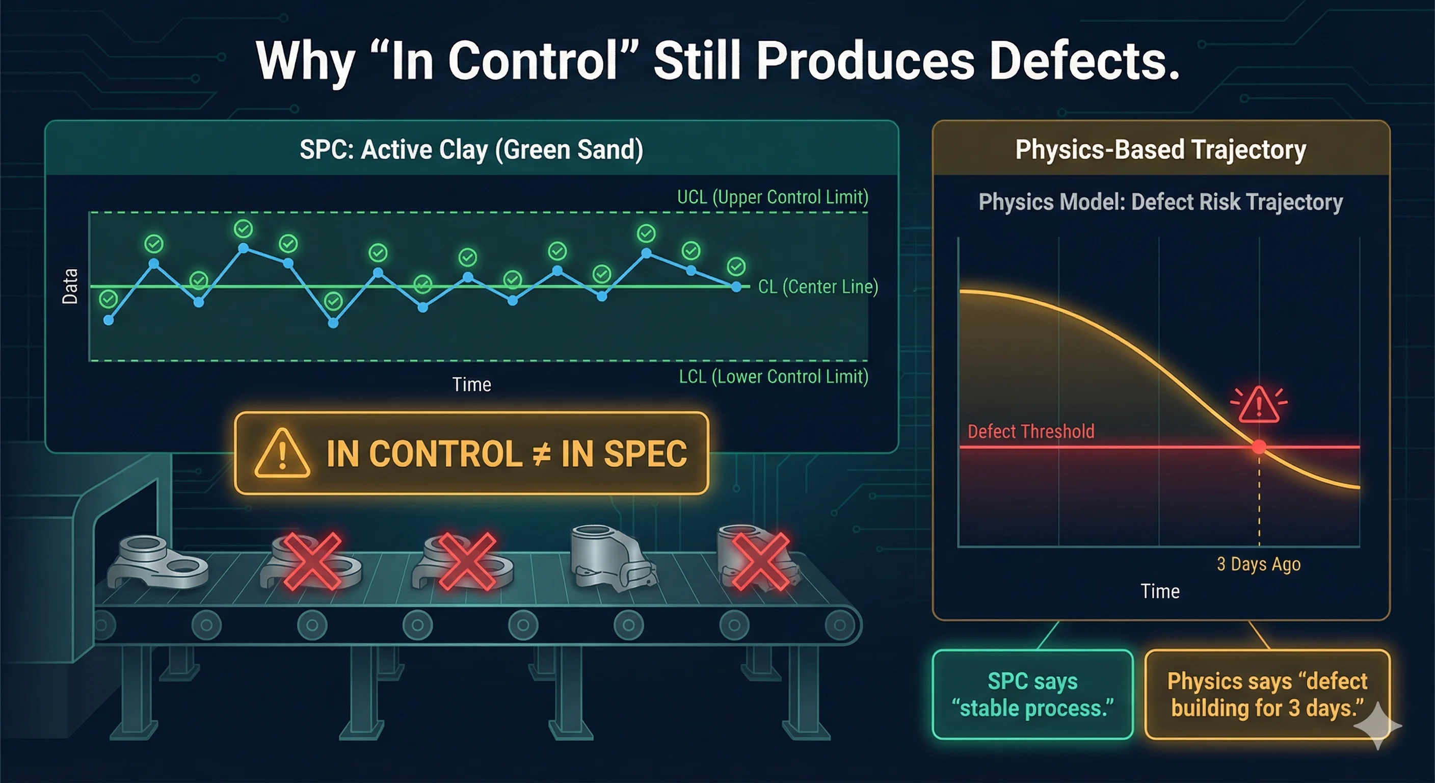 SPC control chart showing all-green status while defective castings emerge below, contrasted with physics-based trajectory prediction