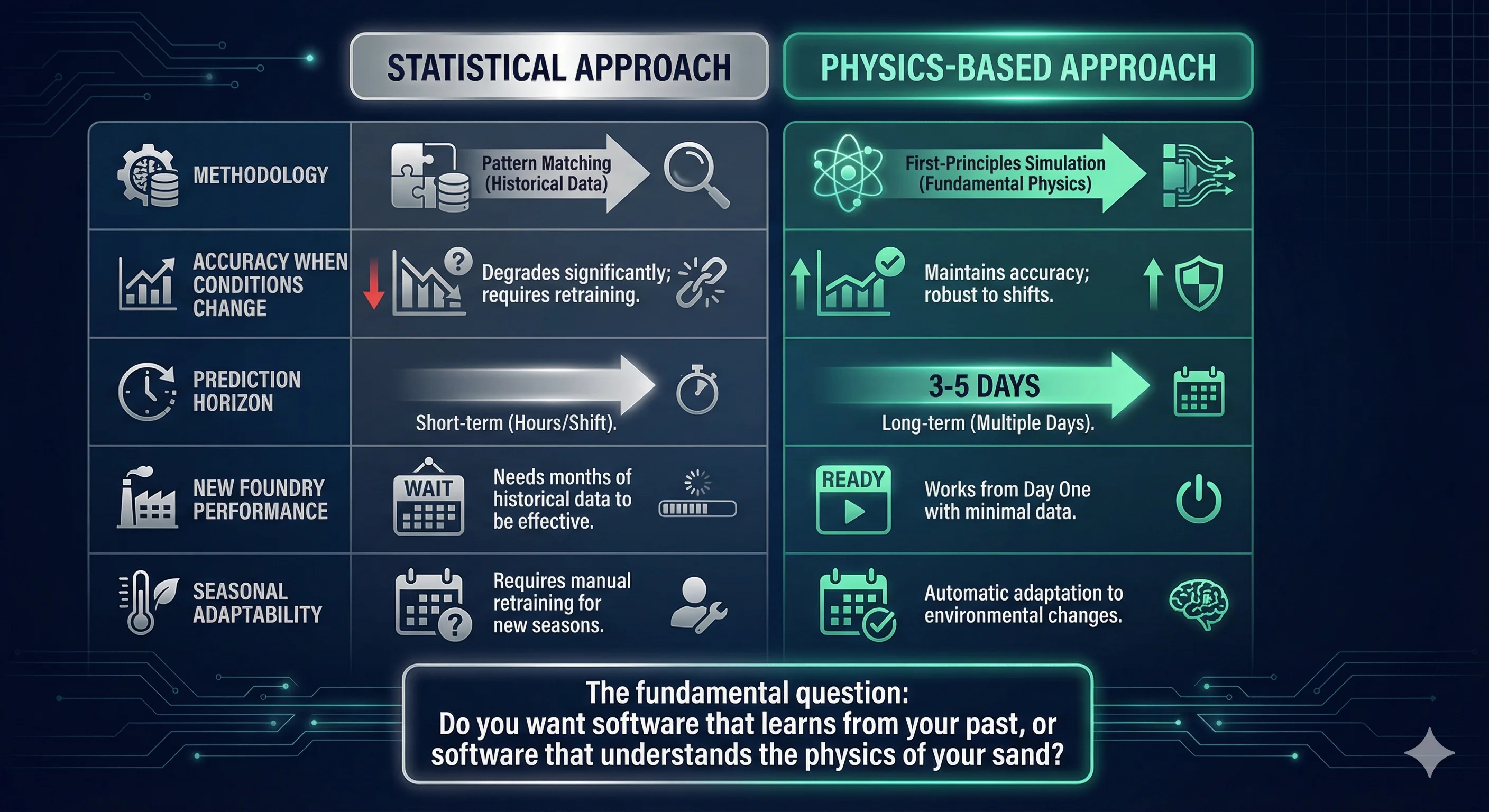 Professional comparison matrix of statistical versus physics-based approaches to sand prediction software
