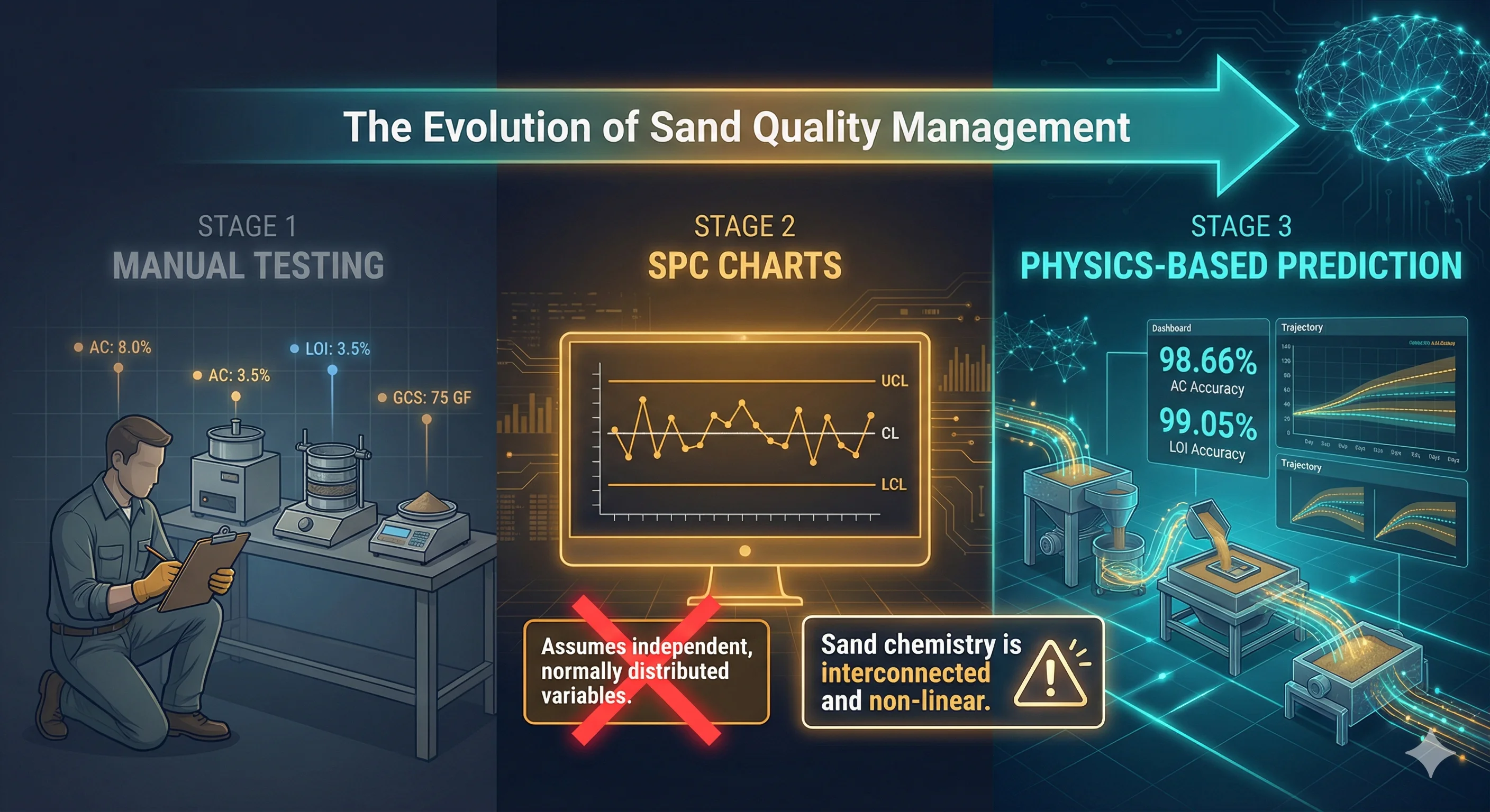 Three-stage evolution from manual testing to SPC charts to physics-based prediction in green sand quality management